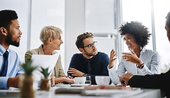 Group of diverse business people sitting at a table talking.