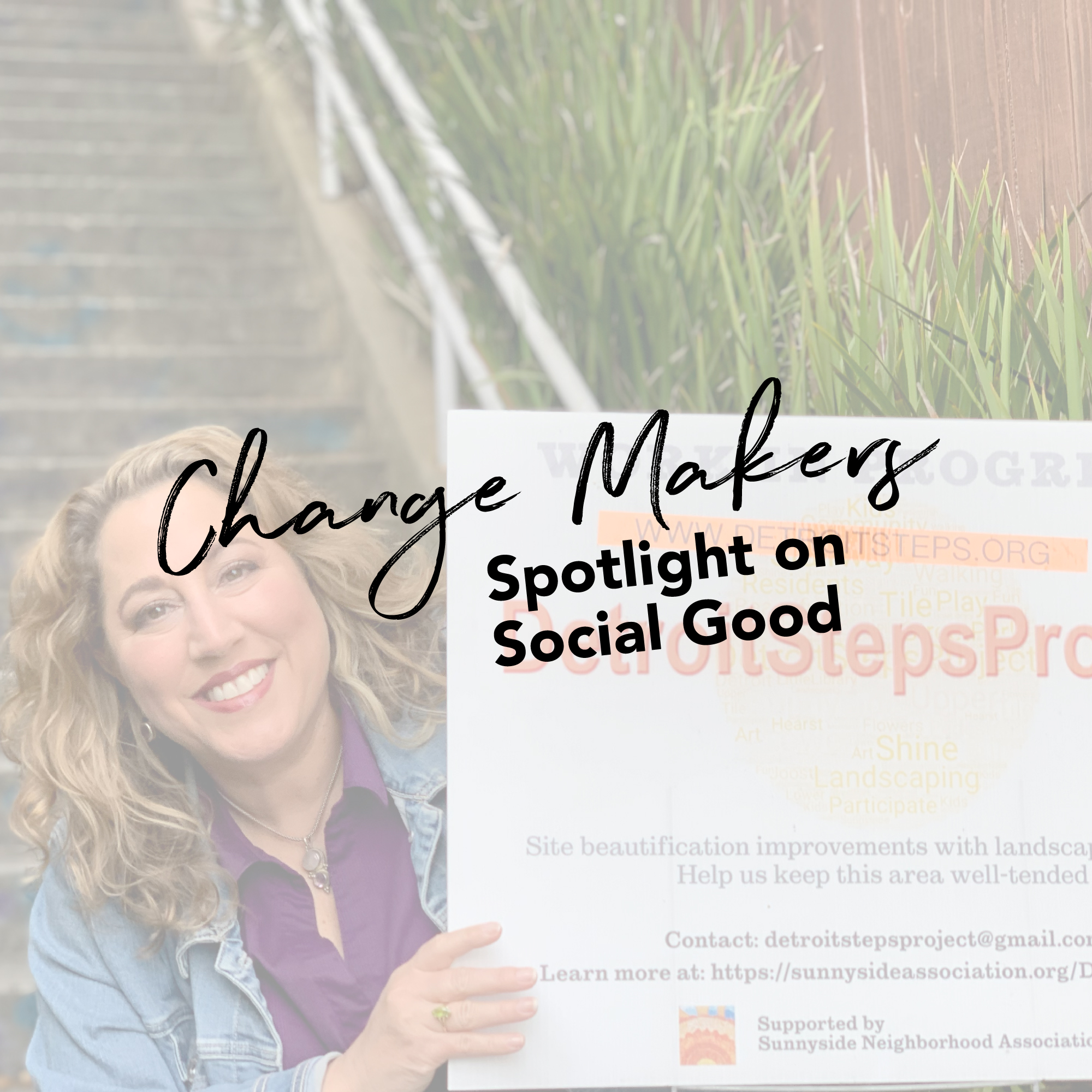Woman holding sign with messaging in front of Stairs.
